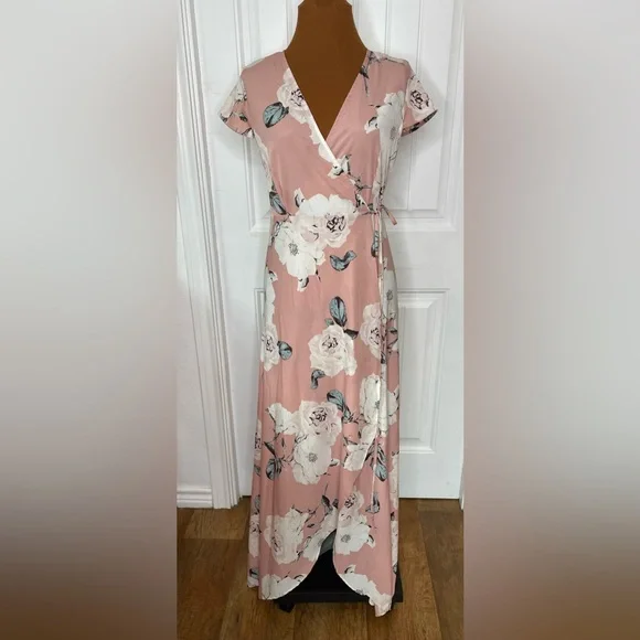open lace back dress Satin Ruffle Wrap Midi Dress in Dusty Pink main image 0